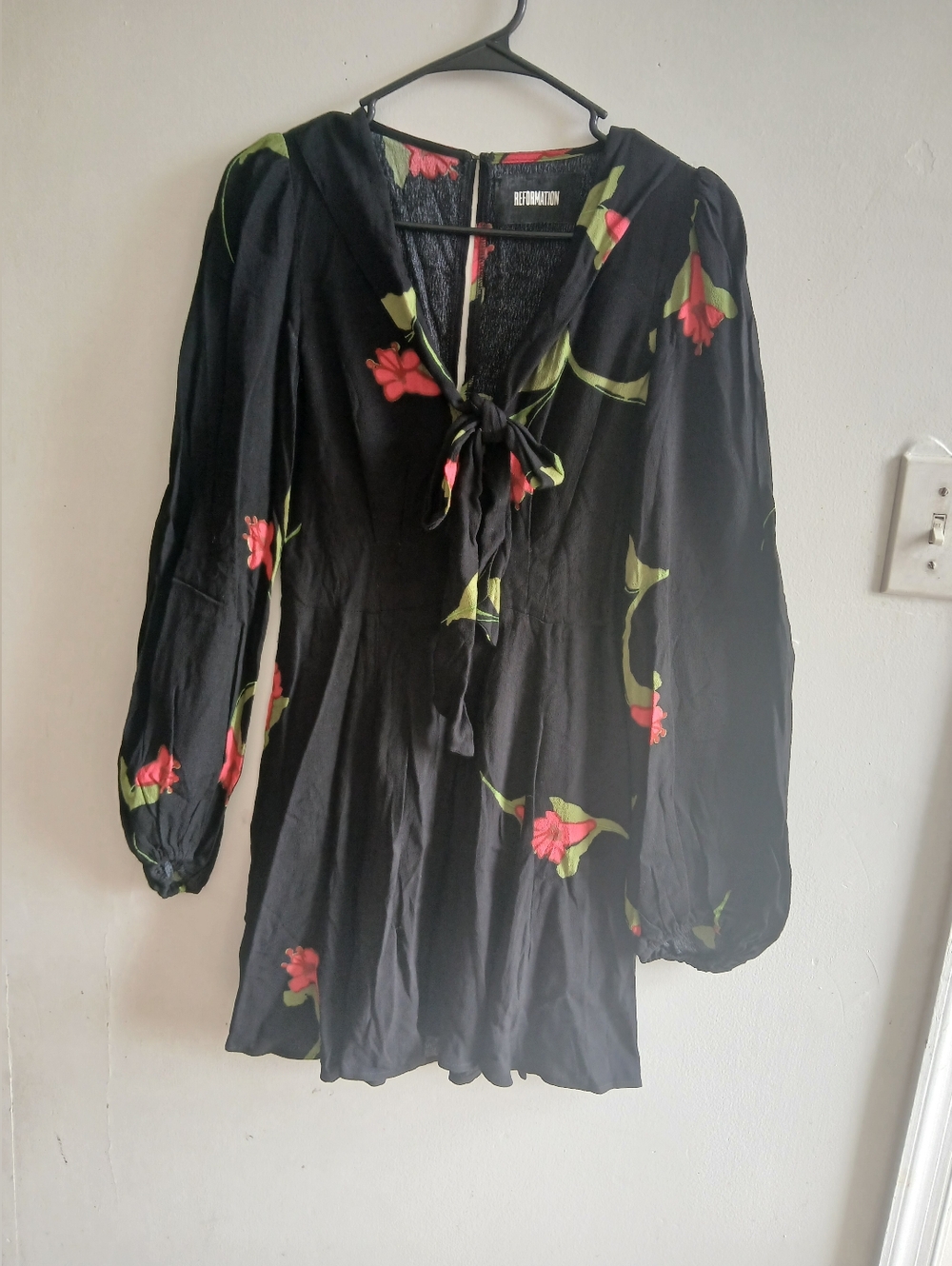 Reformation Black Dress with Pink Floral and Green Leaves